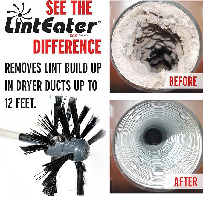 Dryer Vent Duct Cleaning Kit - Gardus RLE202 LintEater Rotary Dryer Vent Cleaner Kit, Removes Lint, Dryer Vent Cleaning System Extends Up to 12’ with 4 Flexible 3' Rods, Air Duct Cleaning Tools