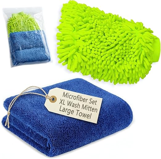 Microfiber Fingers Dusting & Cleaning Mitt and Large Towel Set, Machine Washable, Highly Absorbent Car Detailing Cleaner