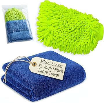 Microfiber Fingers Dusting & Cleaning Mitt and Large Towel Set, Machine Washable, Highly Absorbent Car Detailing Cleaner