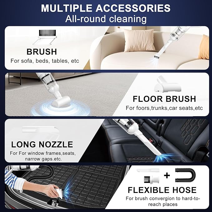 2-in-1 Cordless Handheld Vacuum Cleaner,10000PA Powerful Suction Portable Lightweight Hand Held Vacuum with LED Light,Multiple Accessories,USB Rechargeable,for Car, Office & Home Cleaning