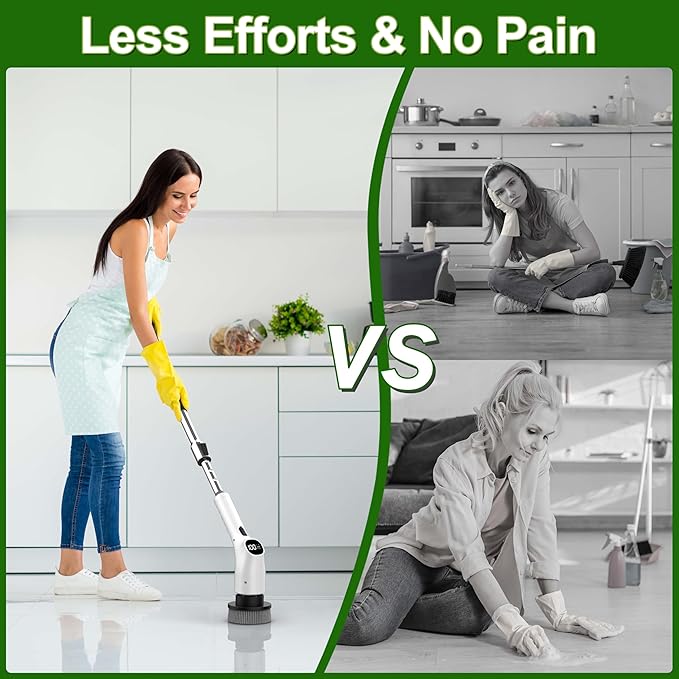 Electric Spin Scrubber, Shower Scrubber with Long Handle Adjustable LCD Display, 2 Speed Shower Cleaner, 7 Replaceable Brush Heads Bathroom Cleaning Brush, Bath Tub Power Scrubbers White G3