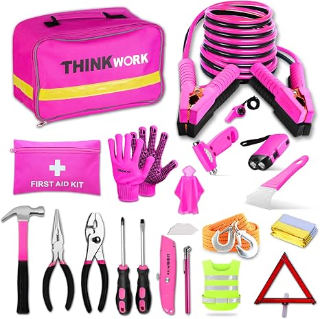 THINKWORK Pink Car Emergency Kit with Pink Car Tool Set, First Aid Kit