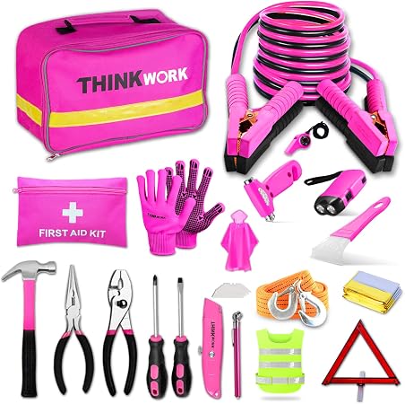 THINKWORK Pink Car Emergency Kit with Pink Car Tool Set, First Aid Kit