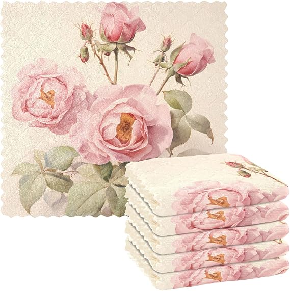 MNSRUU Microfiber Reusable Cleaning Cloths Floral Rose Small Kitchen Towels Drying Dishes Towels Cleaning Rags Glass Car