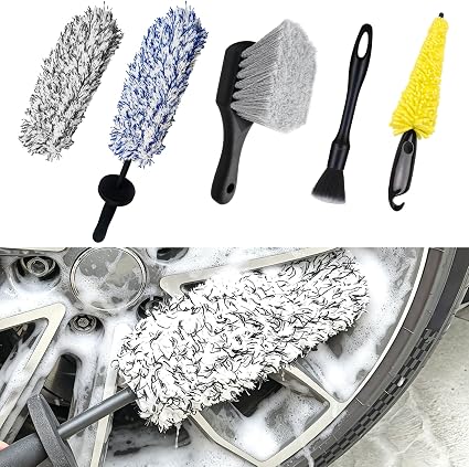 5PCS Wheel Brush Set – Microfiber Wheel Cleaner Brush with Long Handle & Replacement Cloth, Stiff Tire Scrubber, Detaili