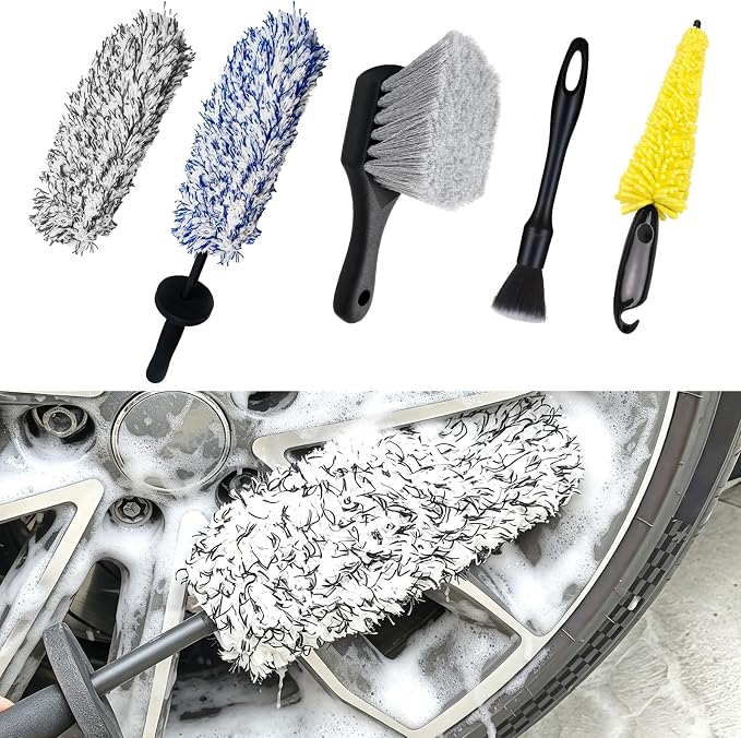 5PCS Wheel Brush Set – Microfiber Wheel Cleaner Brush with Long Handle & Replacement Cloth, Stiff Tire Scrubber, Detaili