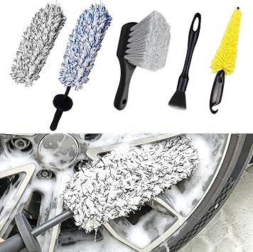 5PCS Wheel Brush Set – Microfiber Wheel Cleaner Brush with Long Handle & Replacement Cloth, Stiff Tire Scrubber, Detaili