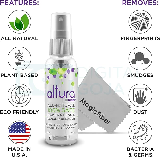 Altura Photo Camera Cleaning Kit - All Natural Lens Cleaner, Brush, Pen, Blower, Microfiber Cleaning Cloths, Tissue Wipes for Canon Nikon Sony Fuji Olympus Pentax Sigma Tamron DSLR Mirrorless Cameras