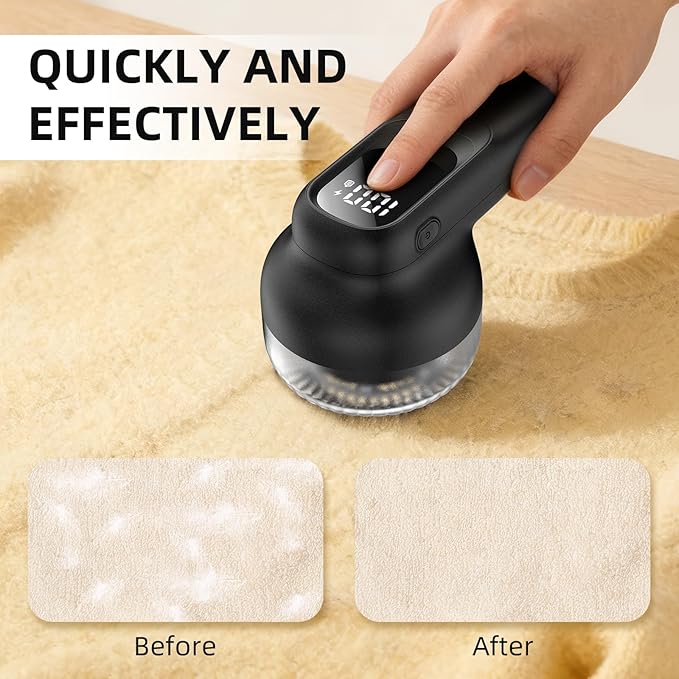 Fabric Shaver, Lint Remover Rechargeable with 3 Speeds, 6 Leaf Blades, Digital LED Display to Remove Fuzz Lint Balls for Clothes, Furniture, Sweater and Couch (Black)