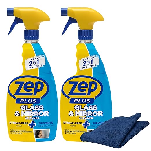 Zep Plus Glass & Mirror Foaming Cleaner 32 oz (2 Units) and a Blue Microfiber Rag ECBD025-2-Pack Ammonia-Free Anti-Fog Streak-Free Mirror and Glass Cleaning with a Reusable Rag