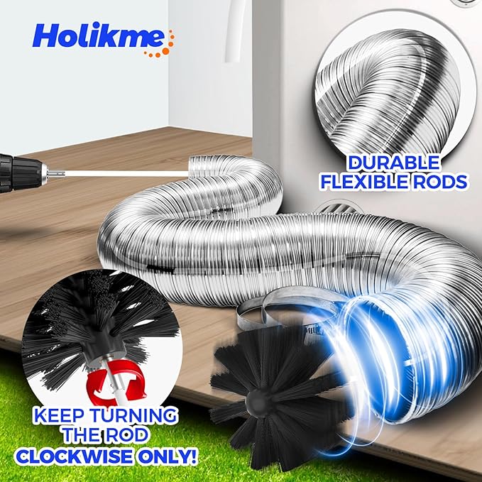 Holikme 35Feet Dryer Vent Cleaner Kit - Lint Remover,Fireplace Chimney Brushes,Replacement Parts,Duct Cleaning,Flexible Lint Brush with Drill Attachment×2,Use with or Without a Power Drill