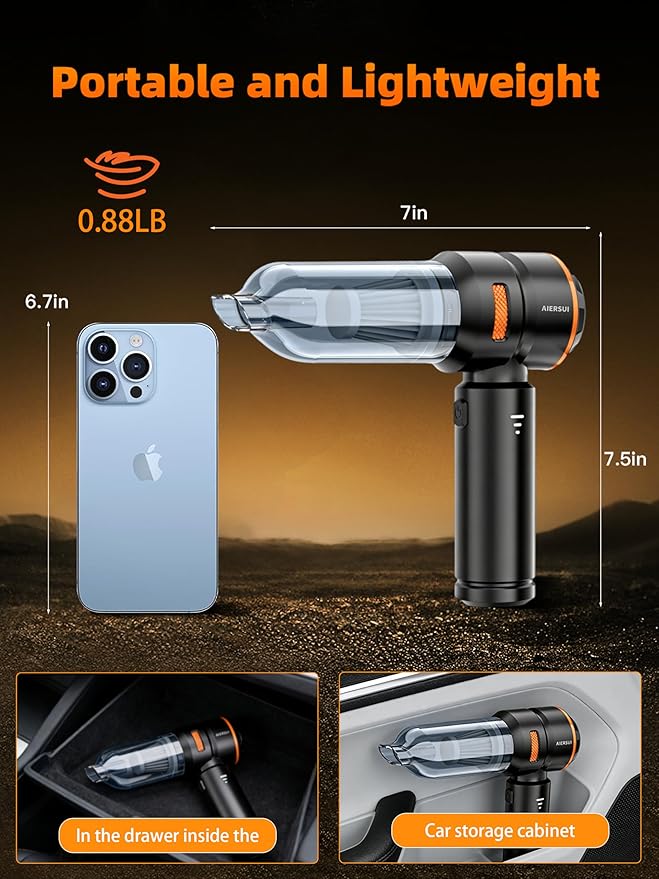Super-Powered car mini Vacuum Cleaner 80,000RPM, Four-in-one: Blower, Vacuum Cleaner, air Extractor, and Pump. Handheld dust Collector, Handheld dust Blower, Hair Dryer, Cordless (Orange)
