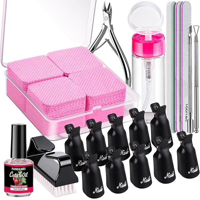 FANDAMEI Nail Remover Kit, Soak Off Kit with Soak Off Clips, Lint Free Wipes, Polish Remover Bottle, Cuticle Nippers, Pusher, Peeler. Cuticle Oil. Nail Files and Buffers. Gel Nail Remover Tools Set
