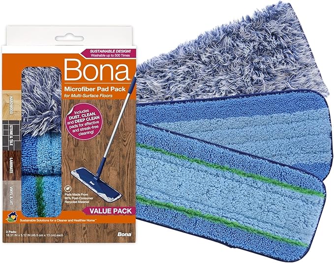 Bona Microfiber Pad 3-Pack includes Dusting, Cleaning, and Deep Cleaning Pad, for Hardwood and Multi-Surface Floors, fits Bona Family of Mops