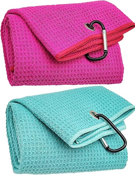 2 Pack Tri-Fold Microfiber Towels Set with Carabiner Clip - Waffle Pattern Golf Towels for Bags - Outdoor Sports Towel G