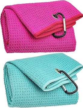 2 Pack Tri-Fold Microfiber Towels Set with Carabiner Clip - Waffle Pattern Golf Towels for Bags - Outdoor Sports Towel G