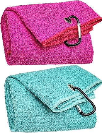2 Pack Tri-Fold Microfiber Towels Set with Carabiner Clip - Waffle Pattern Golf Towels for Bags - Outdoor Sports Towel G