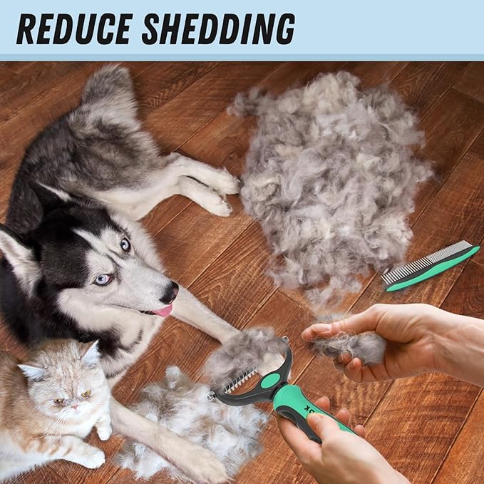 Docrok Pet Grooming Brush and Metal Comb Combo, Cat Brush Dog Brush for Shedding, Undercoat Rake for Dogs Grooming, Dematting Deshedding Brush Dogs Shedding Tool for Long matted Haired Pets, Green