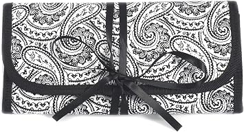 Simplily Co. 8" x 11" Hanging Travel Jewelry & Accessories Organizer Roll Bag (Black & White Paisley Print Exterior & Bl