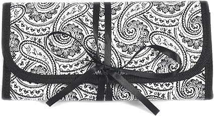 Simplily Co. 8" x 11" Hanging Travel Jewelry & Accessories Organizer Roll Bag (Black & White Paisley Print Exterior & Bl