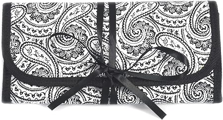 Simplily Co. 8" x 11" Hanging Travel Jewelry & Accessories Organizer Roll Bag (Black & White Paisley Print Exterior & Bl