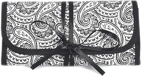 Simplily Co. 8" x 11" Hanging Travel Jewelry & Accessories Organizer Roll Bag (Black & White Paisley Print Exterior & Bl