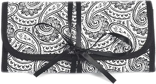 Simplily Co. 8" x 11" Hanging Travel Jewelry & Accessories Organizer Roll Bag (Black & White Paisley Print Exterior & Bl