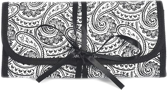 Simplily Co. 8" x 11" Hanging Travel Jewelry & Accessories Organizer Roll Bag (Black & White Paisley Print Exterior & Bl
