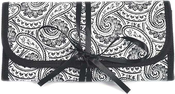 Simplily Co. 8" x 11" Hanging Travel Jewelry & Accessories Organizer Roll Bag (Black & White Paisley Print Exterior & Bl