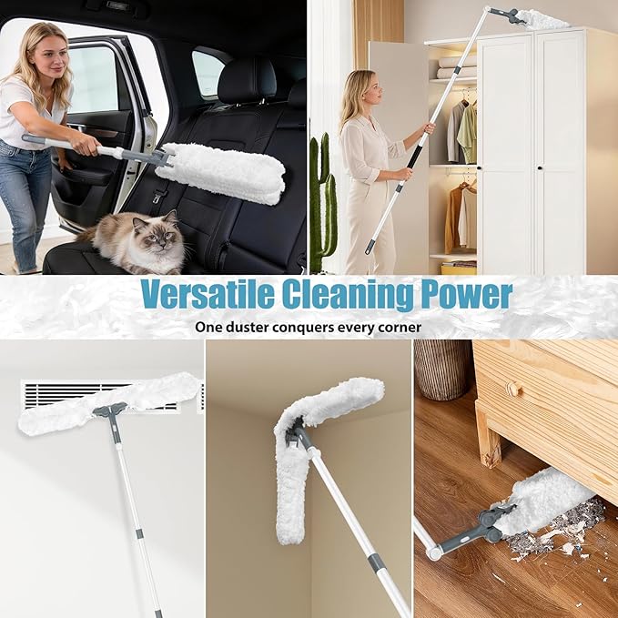 CLDREAM Microfiber Duster with Extension Pole,Ceiling Fan Cleaner Duster with 60" Long Handle,Long Dusters for Cleaning Ceiling Fan, High Ceiling,Wall,Blinds,Furniture,Adjustable Head,White