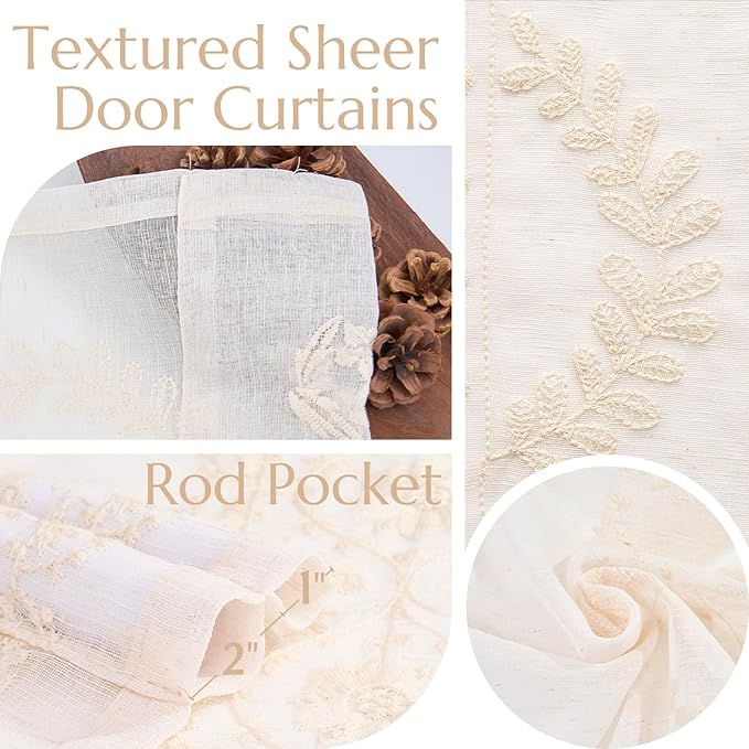 jinchan Belrose French Sheer Volie Door Curtain Embroidered Farmhouse Linen Curtain for Patio Door with Tie up Bows Light Filtering for Door Window Closet Rod Pocket 40 Inches 1 Panel Beige on Beige