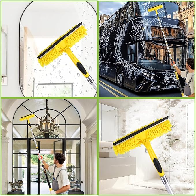 45'' Long Reach Window Squeegee with Telescoping Extension Pole, 2-in-1 Indoor/Outdoor Cleaning Tool with 270° Rotatable Head, Lightweight Alloy Aluminum Pole for Shower Door, Mirror, Car Windshield