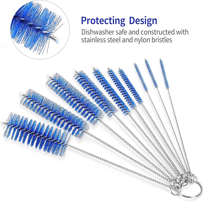 CiaraQ Bottle Cleaning Brushes, 8 Inch Nylon Tube Brush Set, Cleaner for Narrow Neck Bottles Cups with Hook, Set of 10pcs.