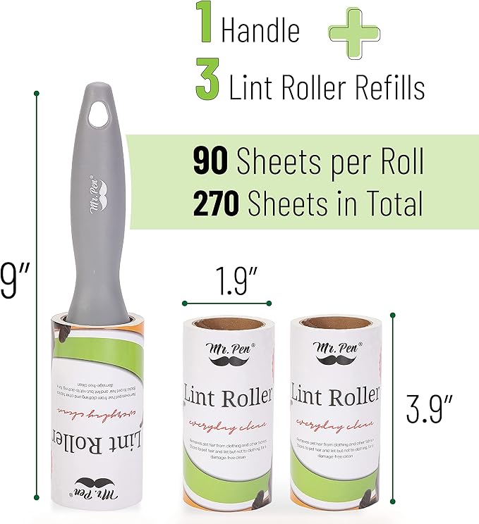 Mr. Pen- Lint Rollers, 1 Handle with 3 Refills, 270 Sheets, Extra Sticky Lint Remover for Clothes, Lint Roller for Pet Hair, Pet Hair Roller, Sticky Roller, Lint Roller for Clothes, Lint Removers