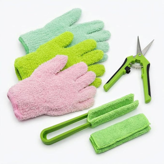 Microfiber Gloves for Plant Dusting,10 Pack Plants Cleaning Set with Leaf Cleaner Tong with Separate Cloth Covers and Garden Shear for Indoor Outdoor Garden Plant Shiny Leaves