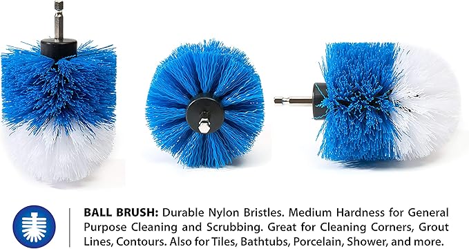 RevoClean 4 Piece Scrub Brush Power Drill Attachments-All Purpose Time Saving Kit-Perfect for Cleaning Grout, Tile, Counter, Shower, Grill, Floor, Kitchen, Blue & White