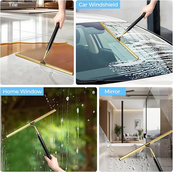 16.7“- 59.5" Long Handle Window Squeegee with Extension Pole, 12.4" Wide Metal Shower Squeegee for Glass Doors, 2-in-1 Squeegee for Home Window Cleaning, Tile Wall, Car (Gold)