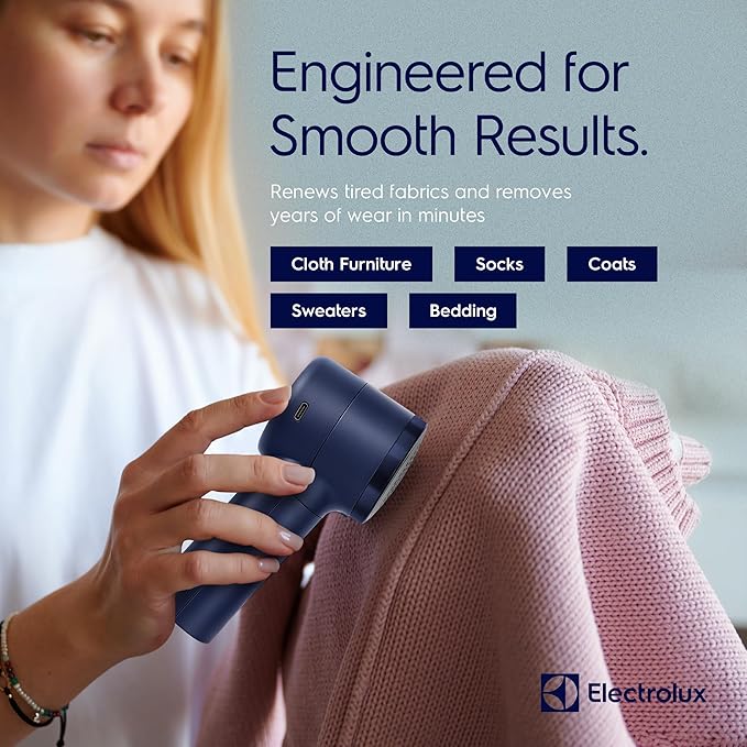 Electrolux Rechargeable Fabric Shaver | Compact Travel Lint Remover for Clothes & Furniture | Eliminates Fuzz & Pilling | 3-Speed Electric Lint Shaver with Type-C Fast Charging Port - Blue