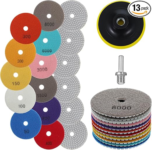 13PCS 4 Inch Diamond Polishing Pads Set, 5/8’’-11 Backer Pad, 50-8000 Grit Pads, Wet/Dry Granite Stone Polish Pad, Grind