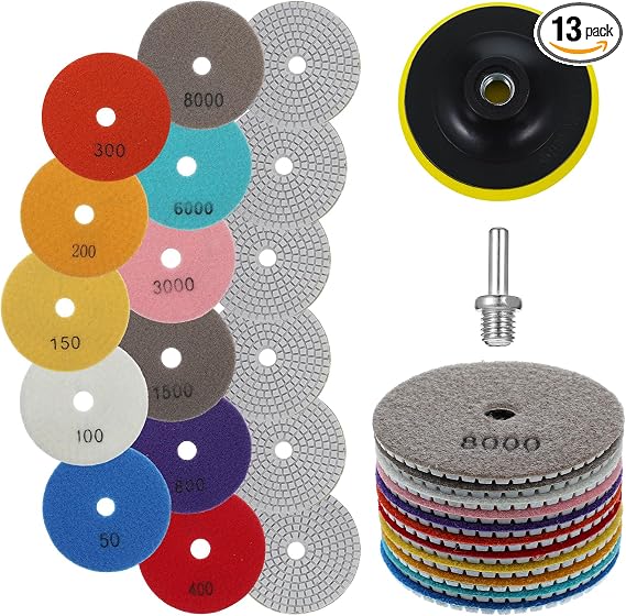 13PCS 4 Inch Diamond Polishing Pads Set, 5/8’’-11 Backer Pad, 50-8000 Grit Pads, Wet/Dry Granite Stone Polish Pad, Grind