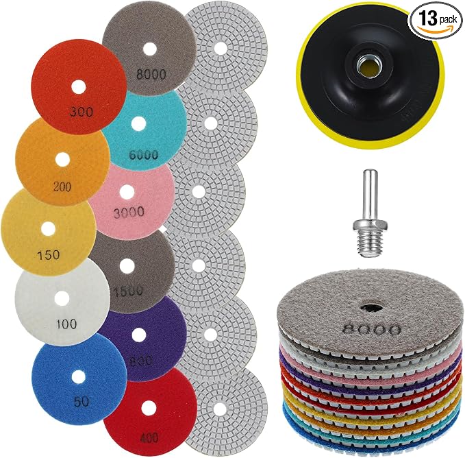 13PCS 4 Inch Diamond Polishing Pads Set, 5/8’’-11 Backer Pad, 50-8000 Grit Pads, Wet/Dry Granite Stone Polish Pad, Grind