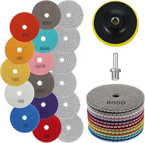 13PCS 4 Inch Diamond Polishing Pads Set, 5/8’’-11 Backer Pad, 50-8000 Grit Pads, Wet/Dry Granite Stone Polish Pad, Grind