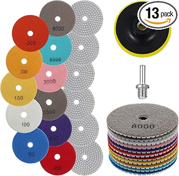 13PCS 4 Inch Diamond Polishing Pads Set, 5/8’’-11 Backer Pad, 50-8000 Grit Pads, Wet/Dry Granite Stone Polish Pad, Grind