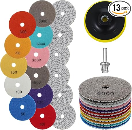 13PCS 4 Inch Diamond Polishing Pads Set, 5/8’’-11 Backer Pad, 50-8000 Grit Pads, Wet/Dry Granite Stone Polish Pad, Grind