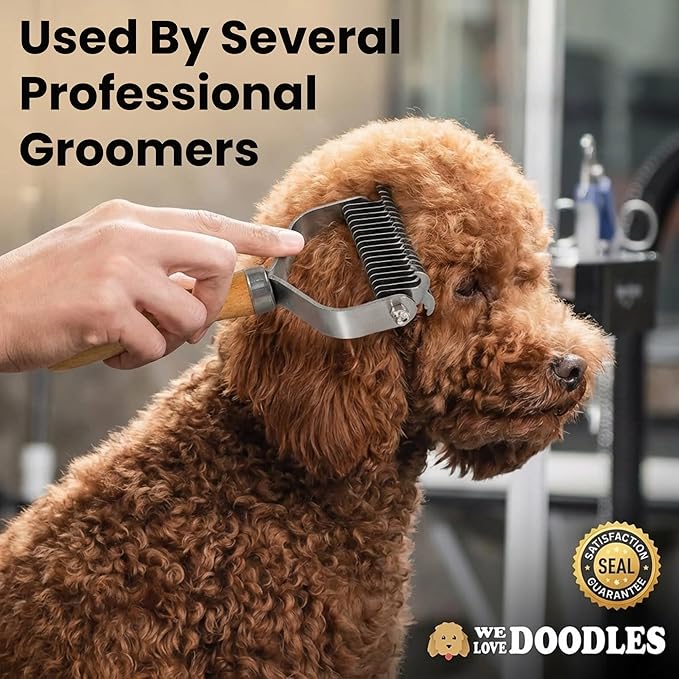 Pet Dematting Comb for Dogs and Cats with Wood Handle, Deshedding Undercoat Rake with Stainless Steel Blades, Pet Comb for Detangling Thinning and Shedding, All Hair Types [We Love Doodles]