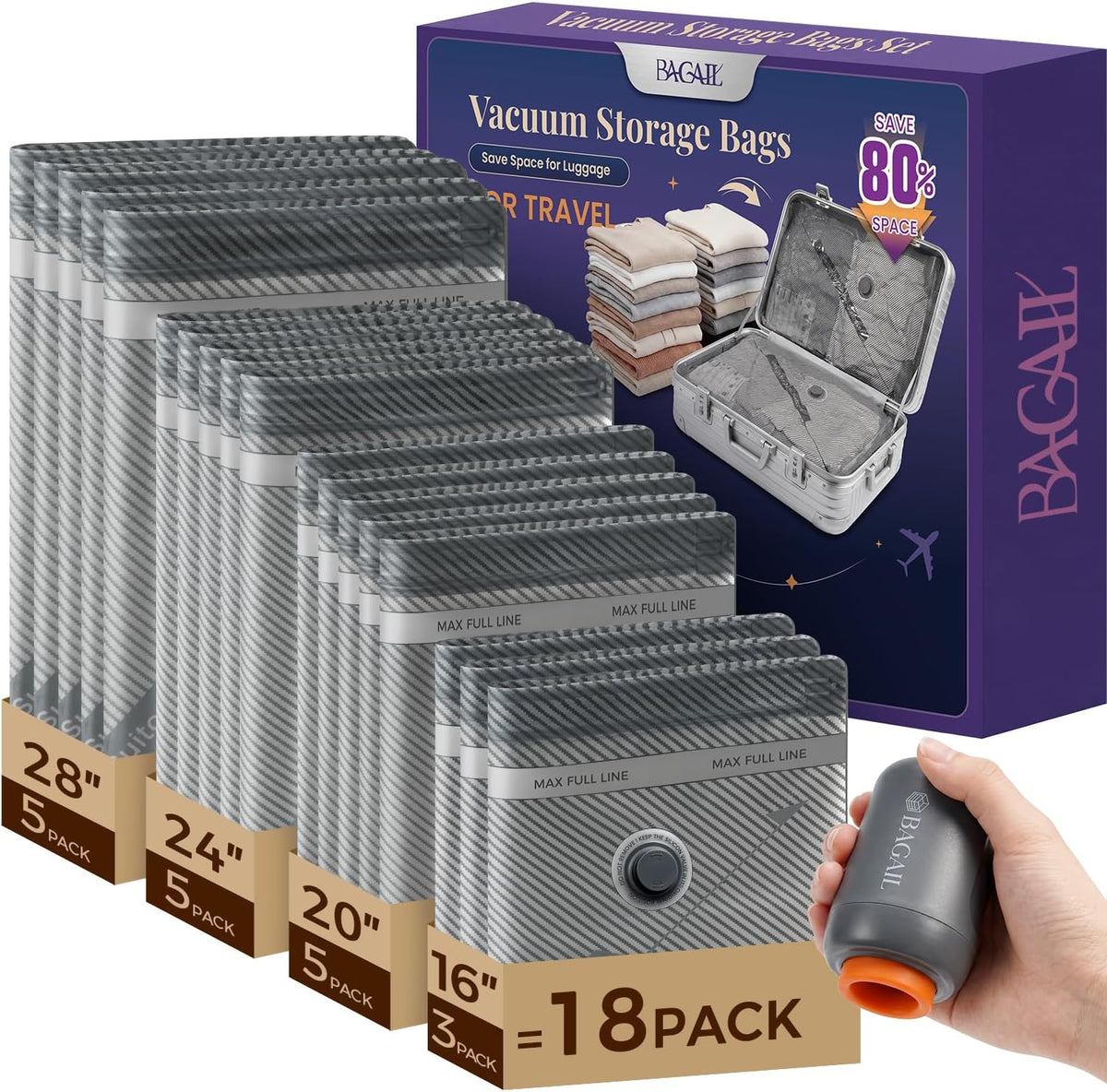 18‑Pack Vacuum Storage Bags with Cordless Pump, Travel Compression