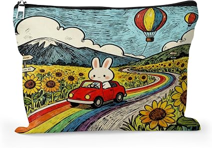 Cafl Rabbit Red Car Rainbow Makeup Bag Cartoon Bunny Cosmetic Bag for Women Large Capacity Make Up Bag Portable Travel T