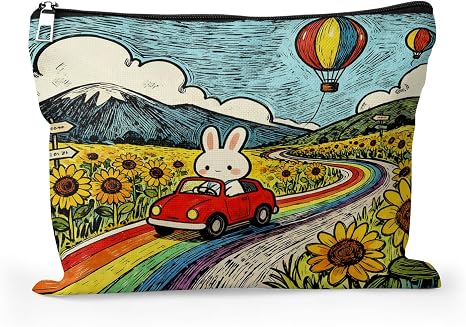 Cafl Rabbit Red Car Rainbow Makeup Bag Cartoon Bunny Cosmetic Bag for Women Large Capacity Make Up Bag Portable Travel T