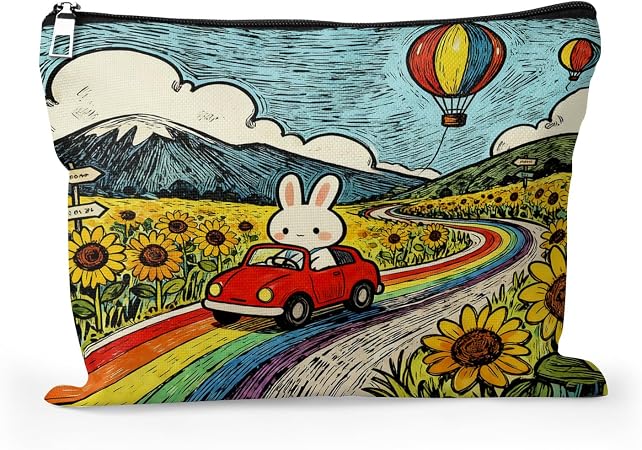 Cafl Rabbit Red Car Rainbow Makeup Bag Cartoon Bunny Cosmetic Bag for Women Large Capacity Make Up Bag Portable Travel T