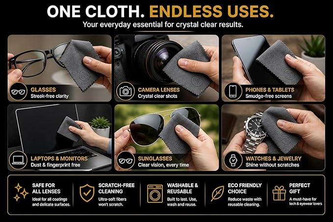 Microfiber Cleaning Cloth – 6 Pack, 230 GSM Ultra Soft Lens Cloth for Glasses, Camera & Screens, Streak-Free, Lint-Free, Scratch-Safe (6x7 Inch)